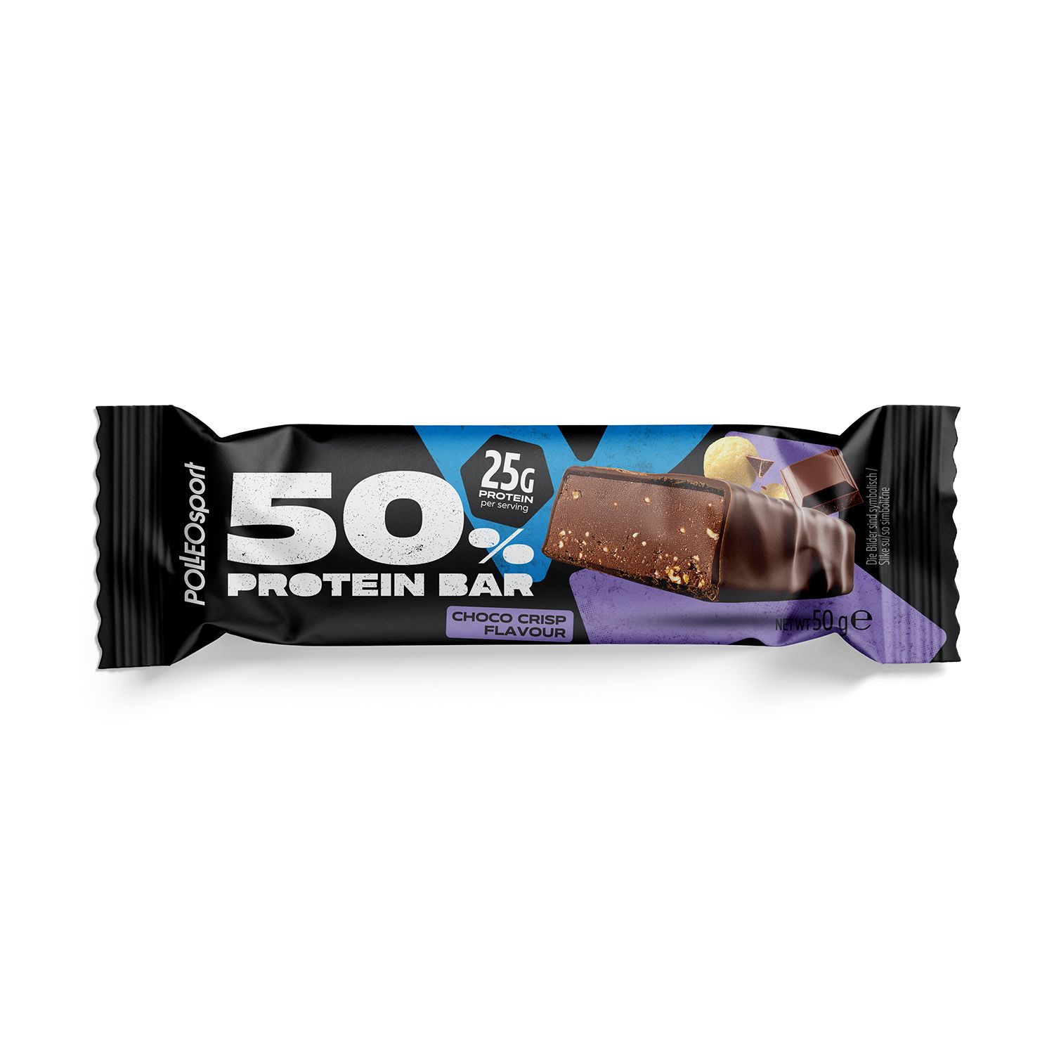 Proteinriegel mit Schoko-Crisp-Geschmack. Schwarze Verpackung mit 50% Protein-Aufdruck und 25g Protein.
