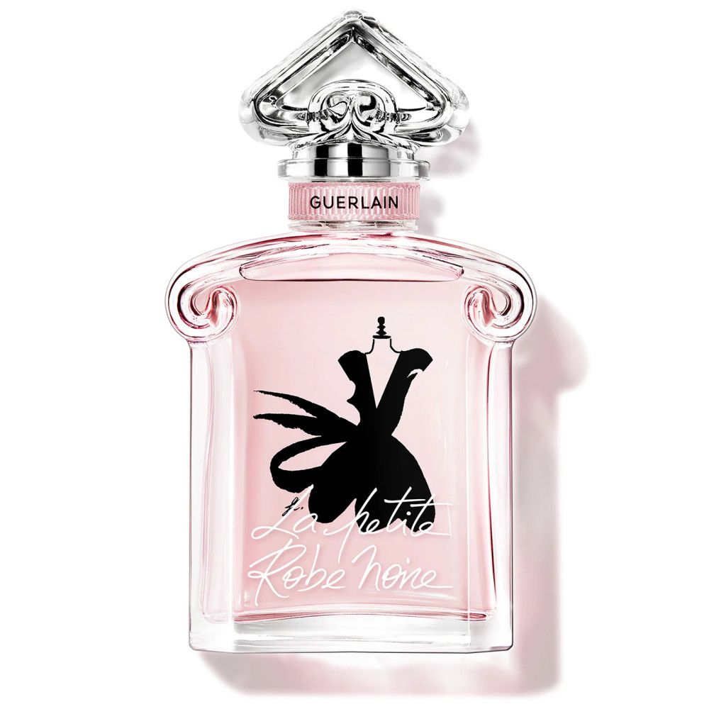 Glasflakon mit rosa Flüssigkeit. Schwarze Zeichnung eines Kleides. Silberner Verschluss. Schriftzug: Guerlain, La petite Robe Noire.