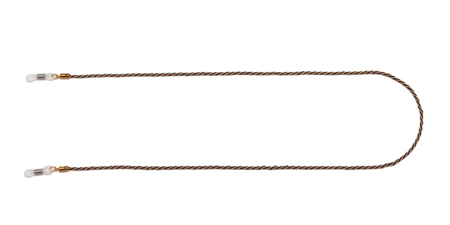 Brillenkette mit geflochtenem Muster in Schwarz und Gold. Enden mit transparenten Schlaufen und goldenen Metallteilen.