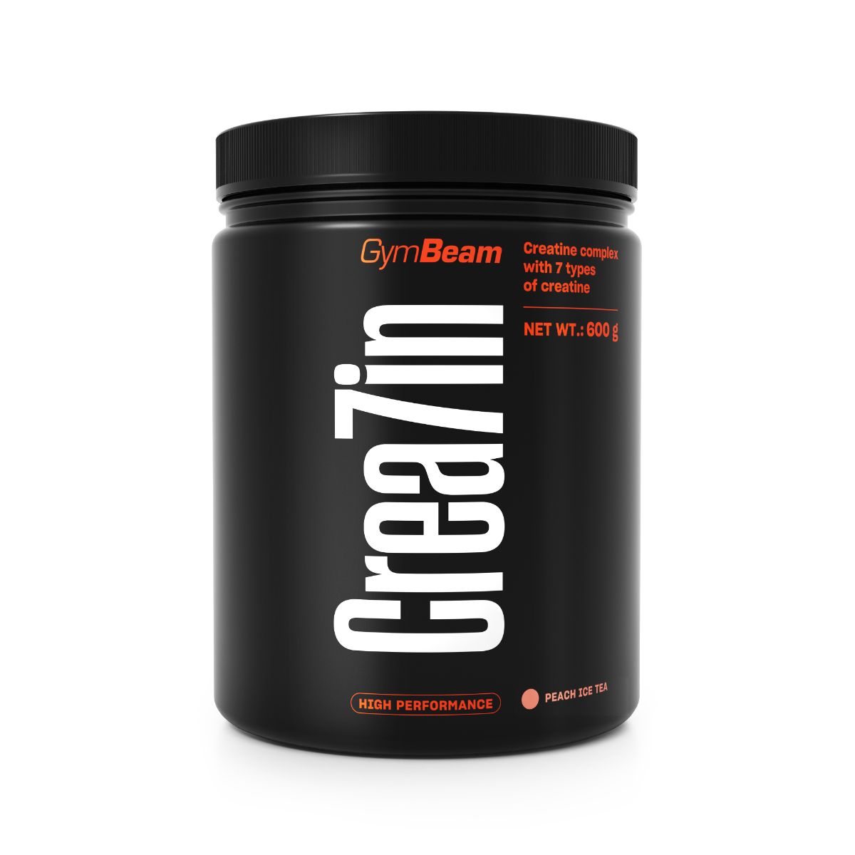 Schwarzer Behälter mit GymBeam Crea7in Kreatin-Komplex Pulver, 600g.