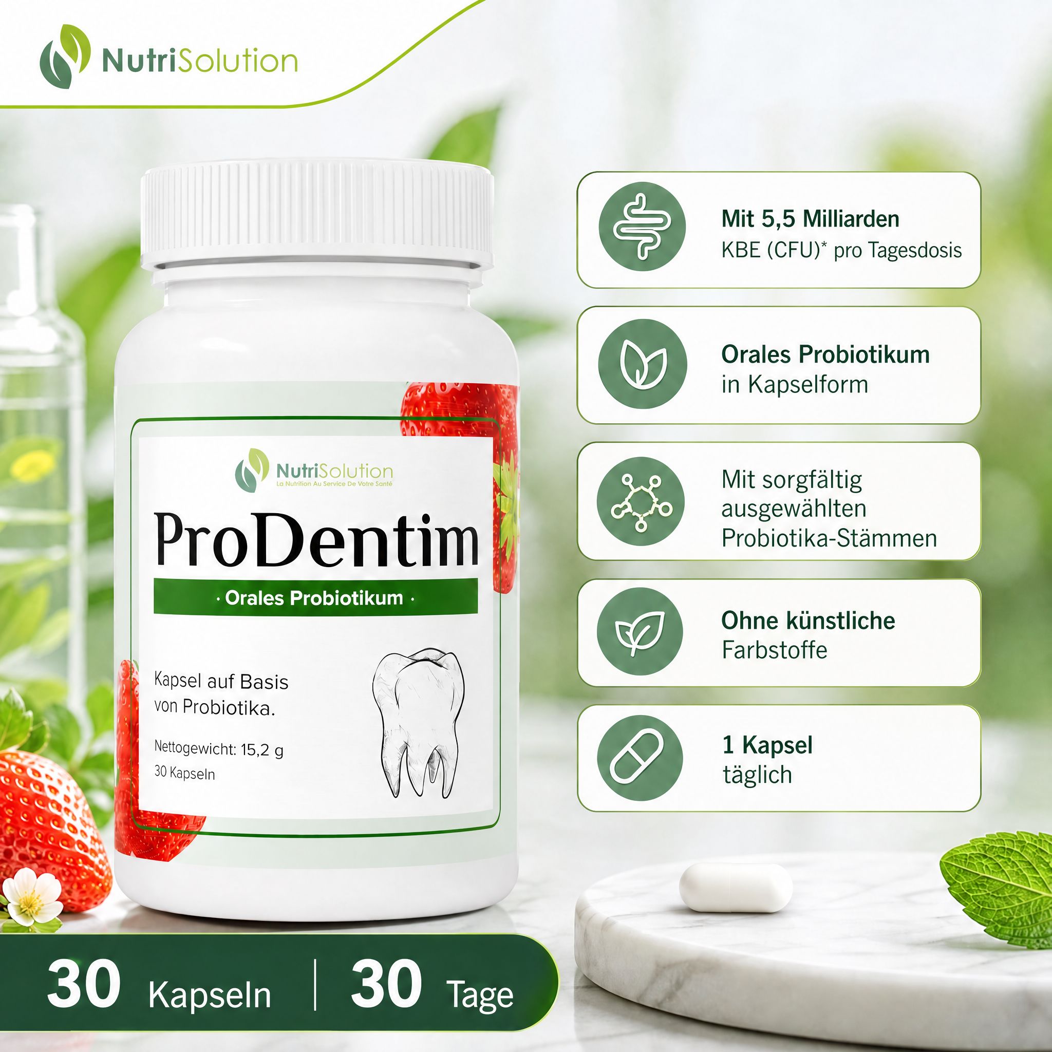 NutriSolution ProDentim Dose mit Icons: 5,5 Mrd KBE, Probiotika, 1 Kapsel täglich.