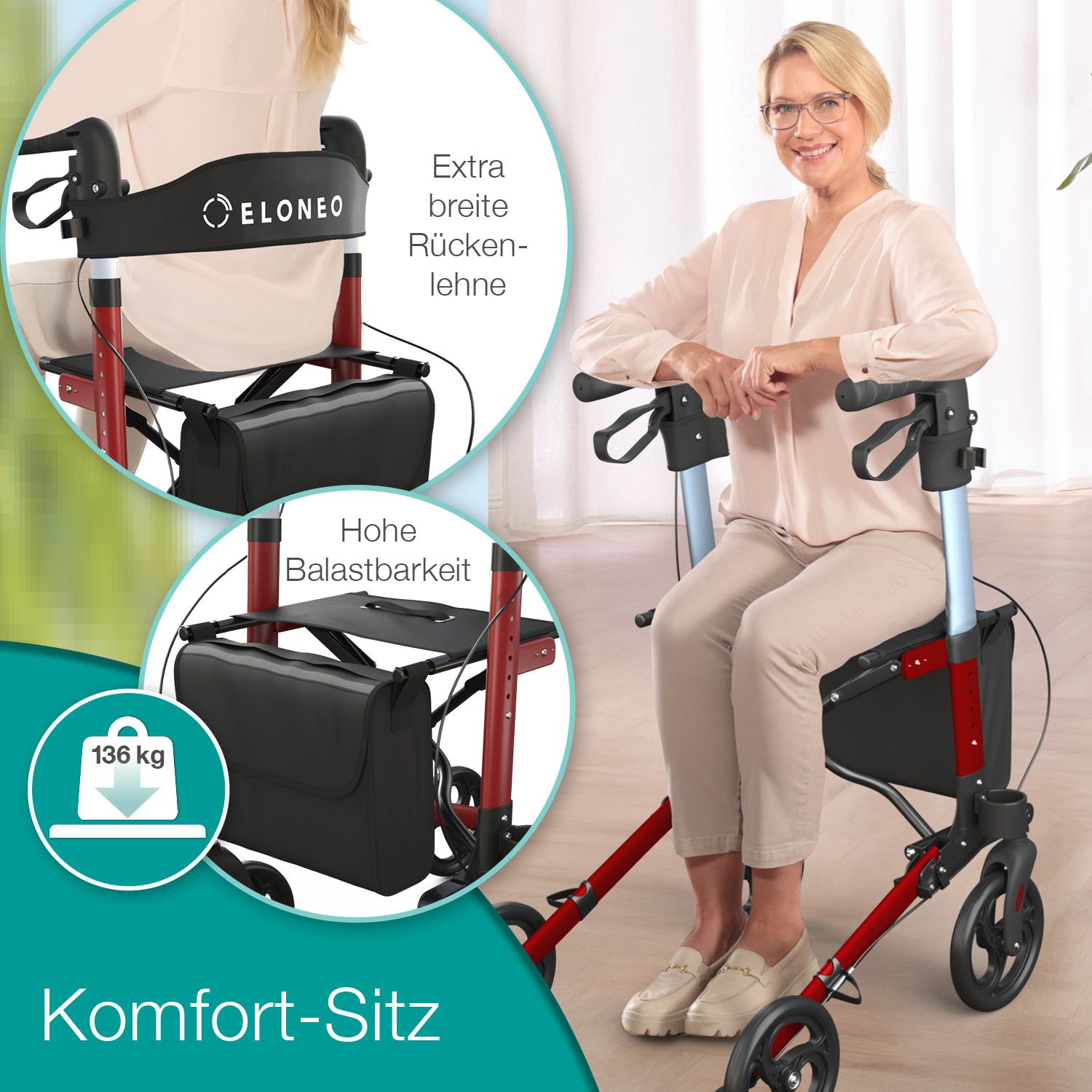 Rollator mit rotem Rahmen, schwarzem Sitz und Tasche. Frau sitzt auf dem Sitz.