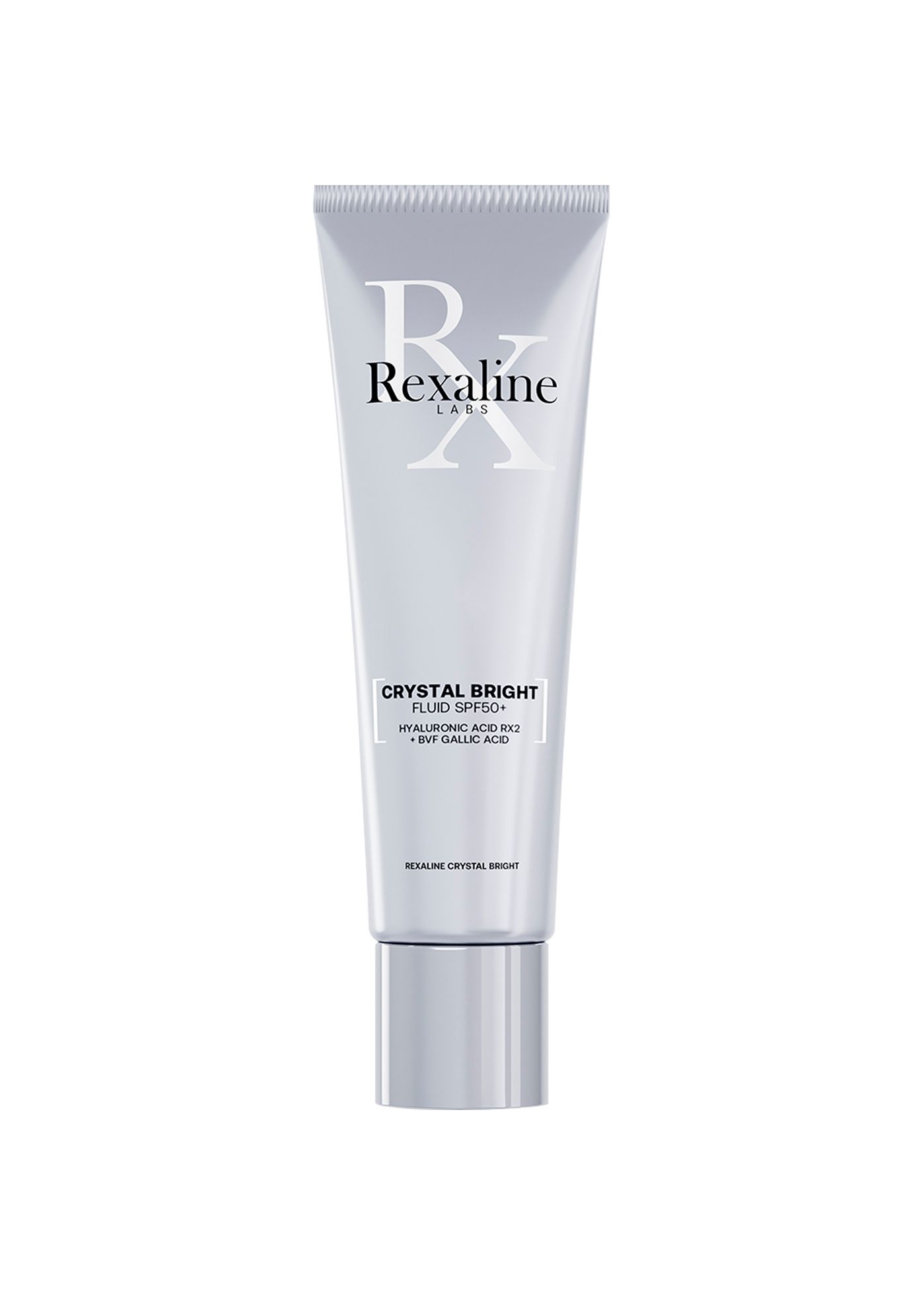 Silberne Tube mit Aufschrift: Rexaline, Crystal Bright Fluid SPF50+. Enthält Hyaluronsäure Duo + Bright Active + Gallussäure.