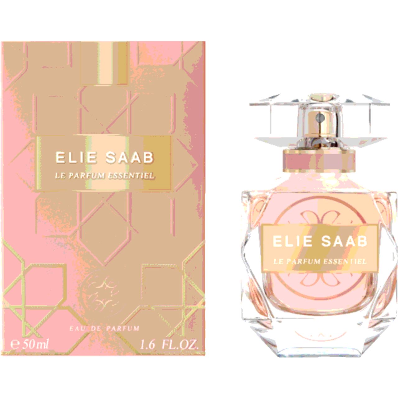 Parfümflakon und Schachtel. Flakon mit goldfarbenem Etikett, rosa Flüssigkeit. Schachtel rosa mit goldfarbenem Logo.