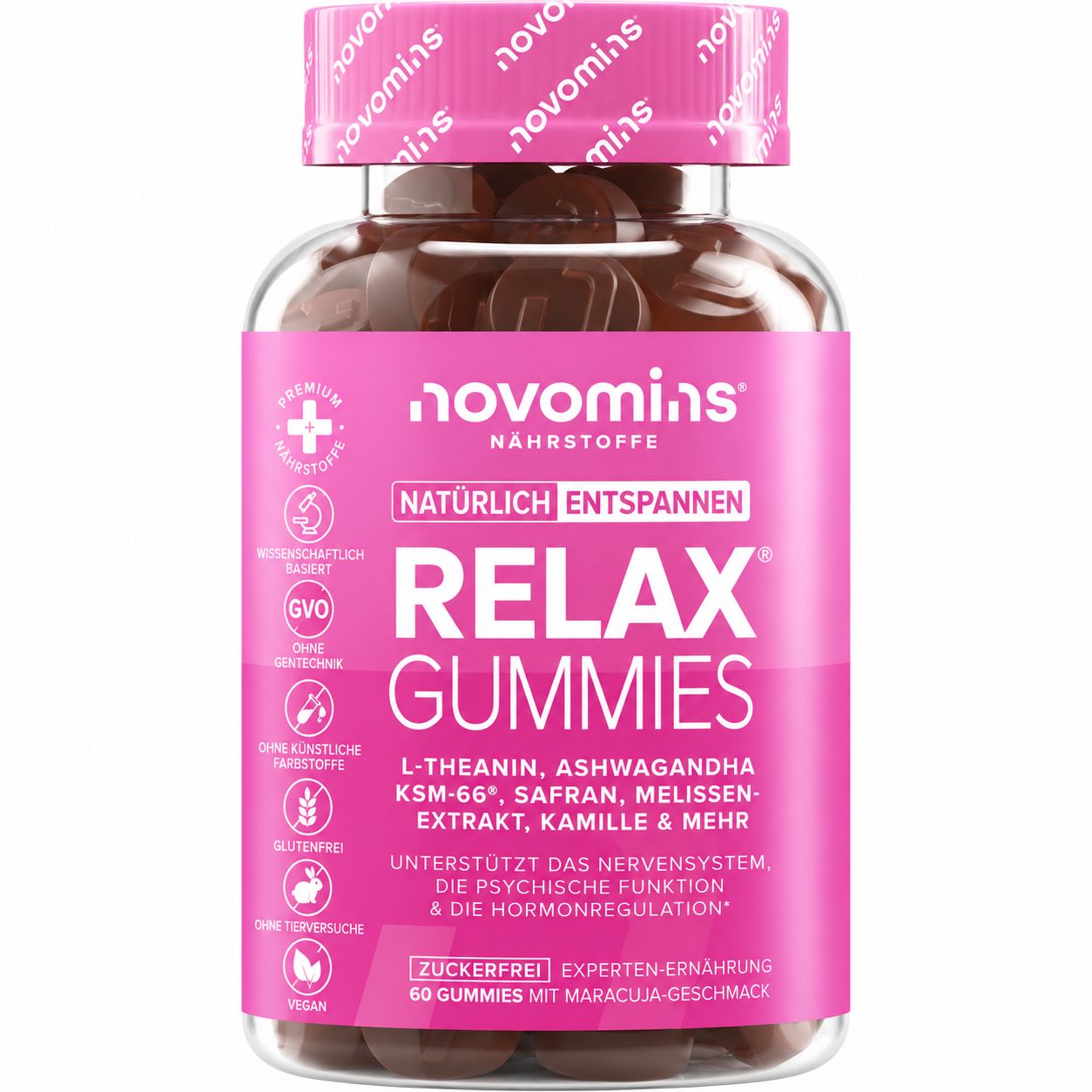 Novomins Relax Gummies Flasche mit 60 Stück, Maracujageschmack.