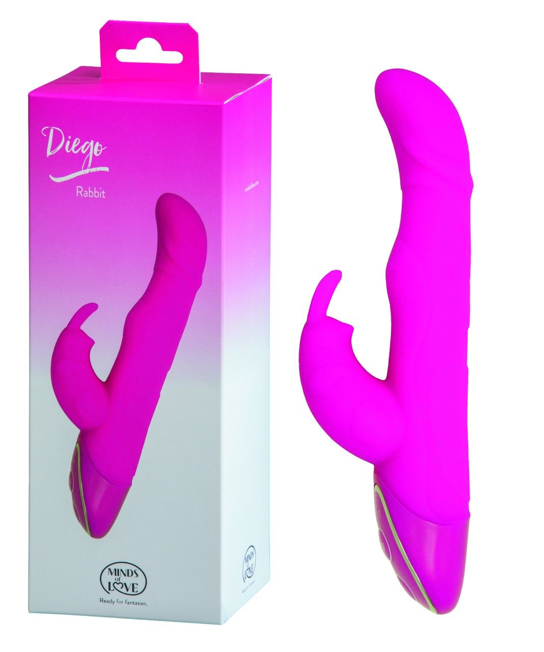 Rosa Vibrator mit Verpackung. Verpackung mit Produktname "Diego" und "Rabbit".