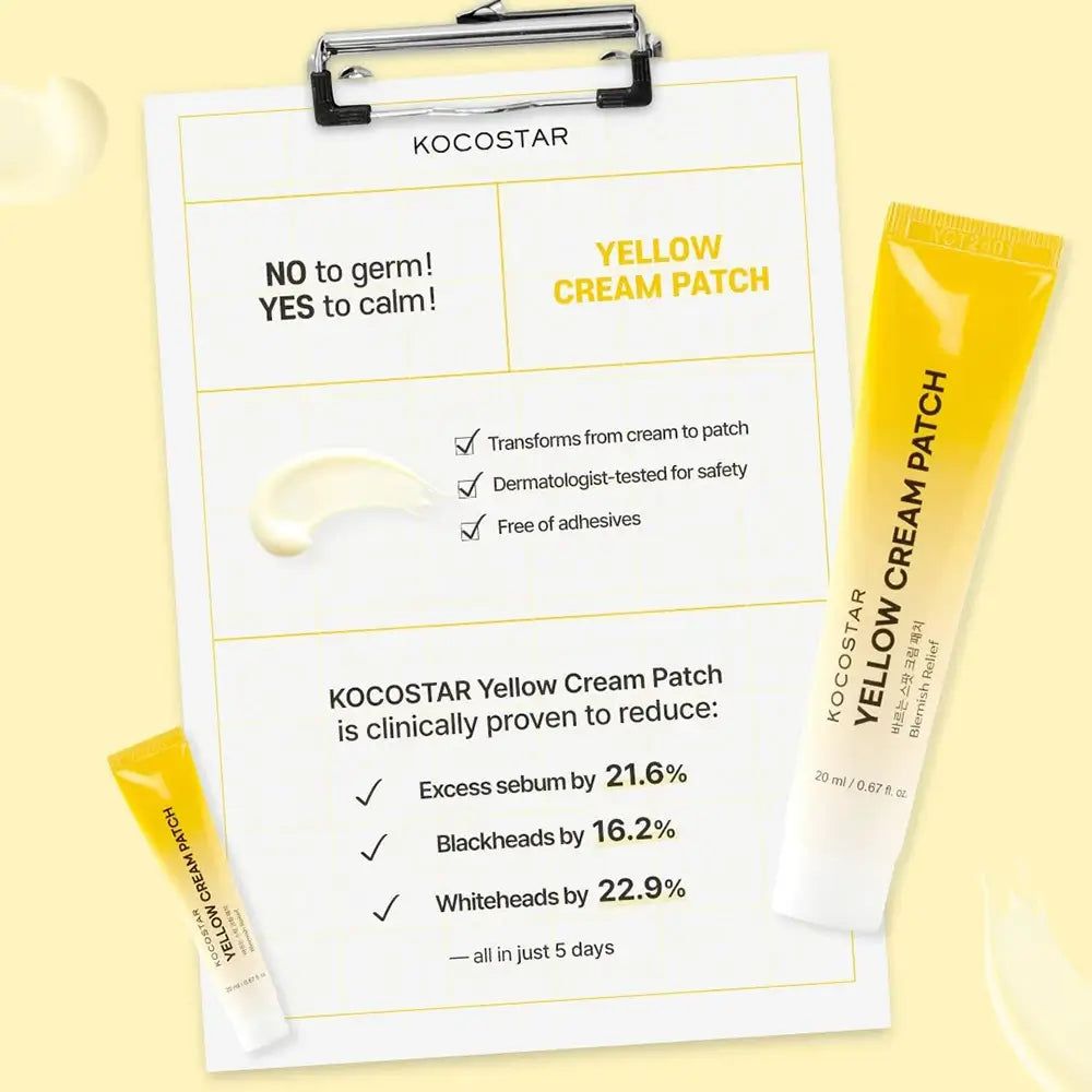 KOCOSTAR Yellow Cream Patch, gelbe Tuben und Notizblock. Text: NO to germ! YES to calm! Klinisch bewiesen. Reduziert Mitesser.