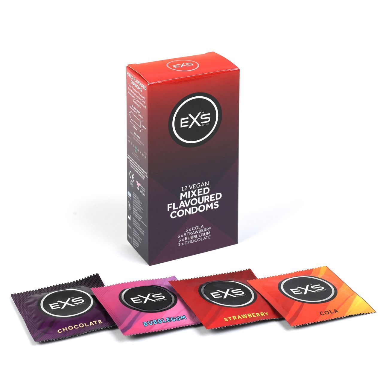 Verpackung mit 12 veganen Kondomen in gemischten Geschmacksrichtungen: Cola, Erdbeere, Kaugummi, Schokolade.