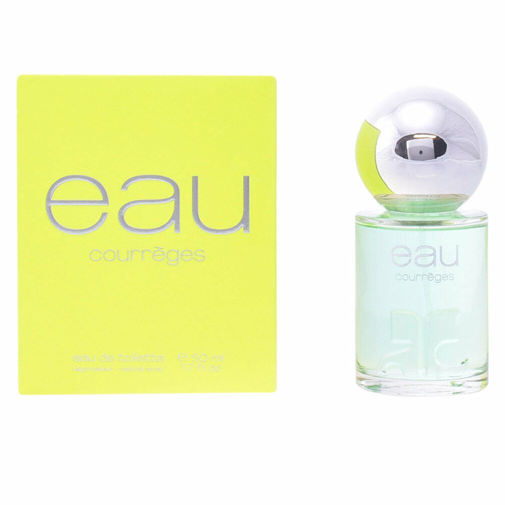 Grünes Flakon und neongelbe Verpackung. Aufschrift "eau courrèges".