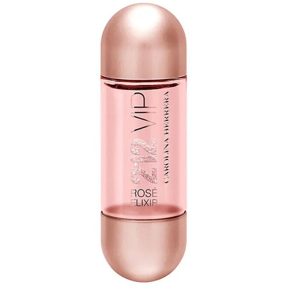 Rosafarbener Flakon. Aufschrift: VIP 212 Rosé Elixir. Marke: Carolina Herrera. Flakon hat eine runde Form.