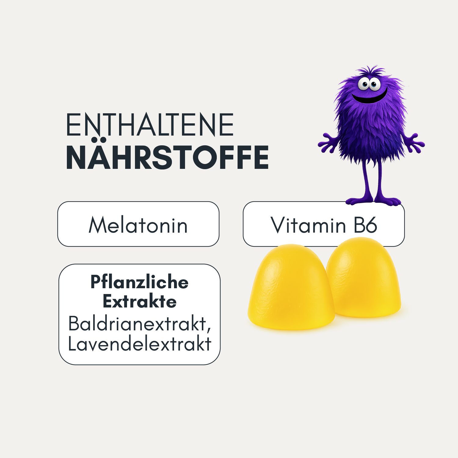 Nährstoffe: Melatonin, Vitamin B6, pflanzliche Extrakte (Baldrian, Lavendel). Zwei gelbe Gummies. Lila Monster-Illustration.