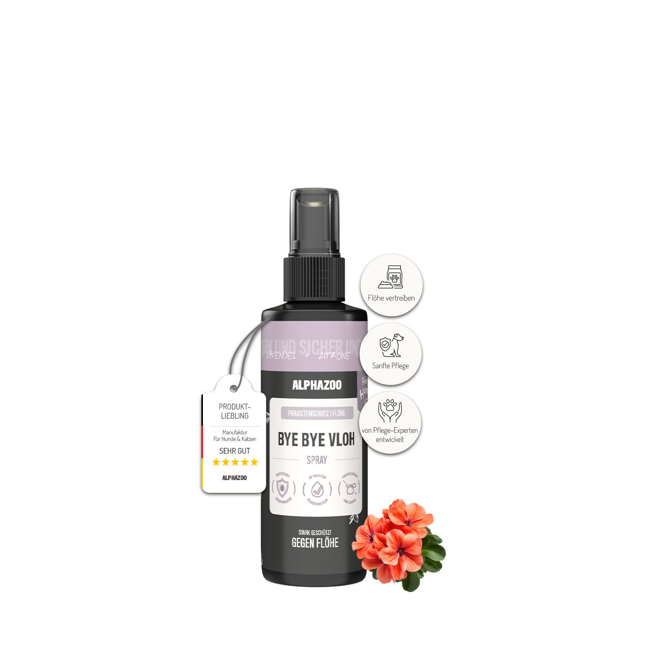 Sprühflasche mit Produktnamen und Zusatzinformationen. Etikett mit Produktbewertung. Rote Blume.