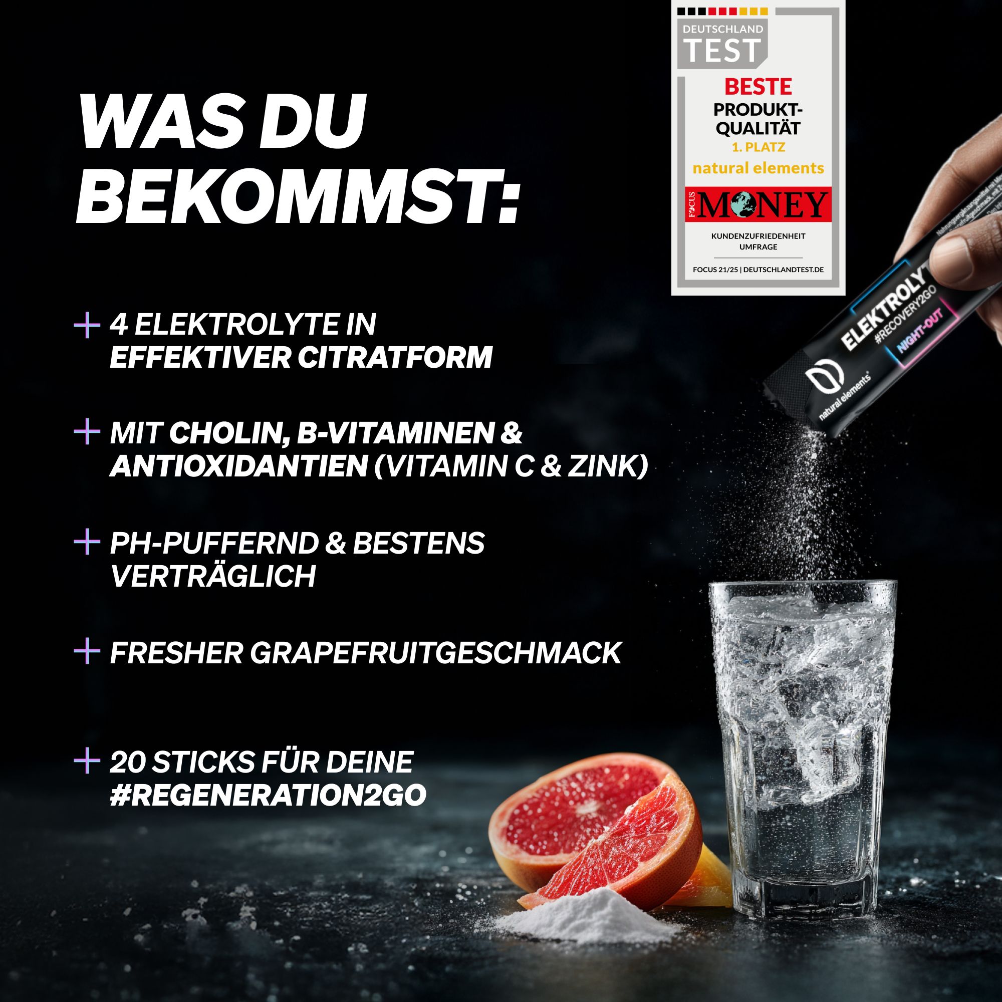 Glas mit Wasser und Elektrolytpulver. Aufschrift: 4 Elektrolyte, Cholin, B-Vitamine, Vitamin C & Zink, Grapefruitgeschmack, 20 Sticks.