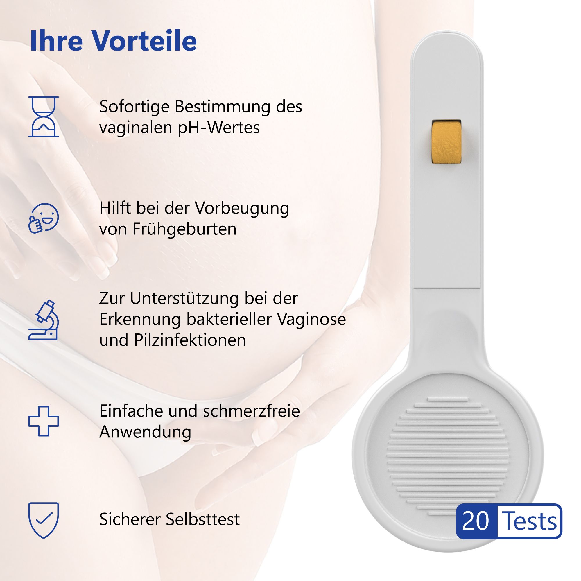 Grafik mit Vorteilen des Produkts. Zeigt einen weißen Testapplikator. Text: Sofortige Bestimmung des pH-Wertes, etc.