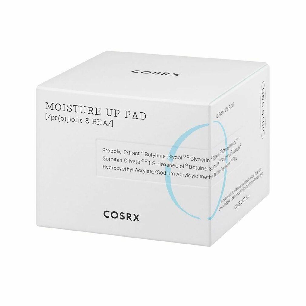 Weiße Produktverpackung mit 'MOISTURE UP PAD' und Inhaltsstoffliste. COSRX.