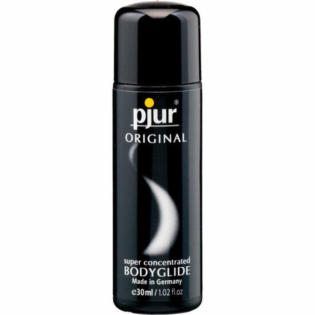 Schwarze Flasche mit gelbem Logo. Aufschrift: pjur ORIGINAL, BODYGLIDE, super concentrated, 30ml/1.02 fl.oz. Hergestellt in Deutschland.
