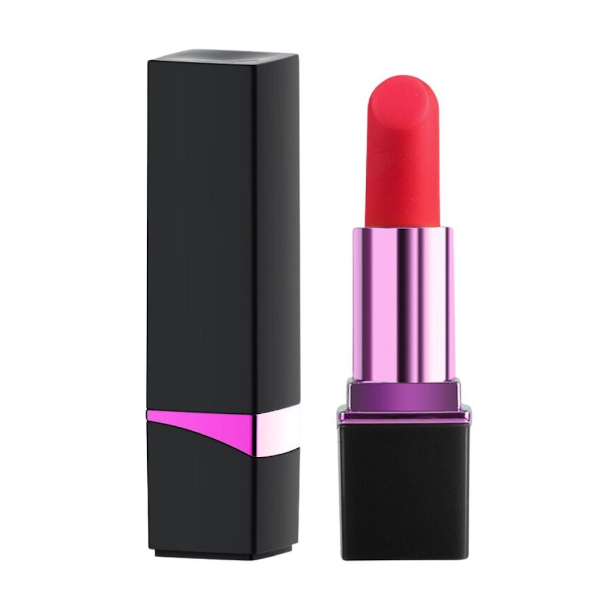 Lippenstift-Vibrator. Schwarzer, rechteckiger Körper mit pinkfarbenem Akzent. Roter Lippenstift-Aufsatz. Lila-pinkfarbene Hülse.