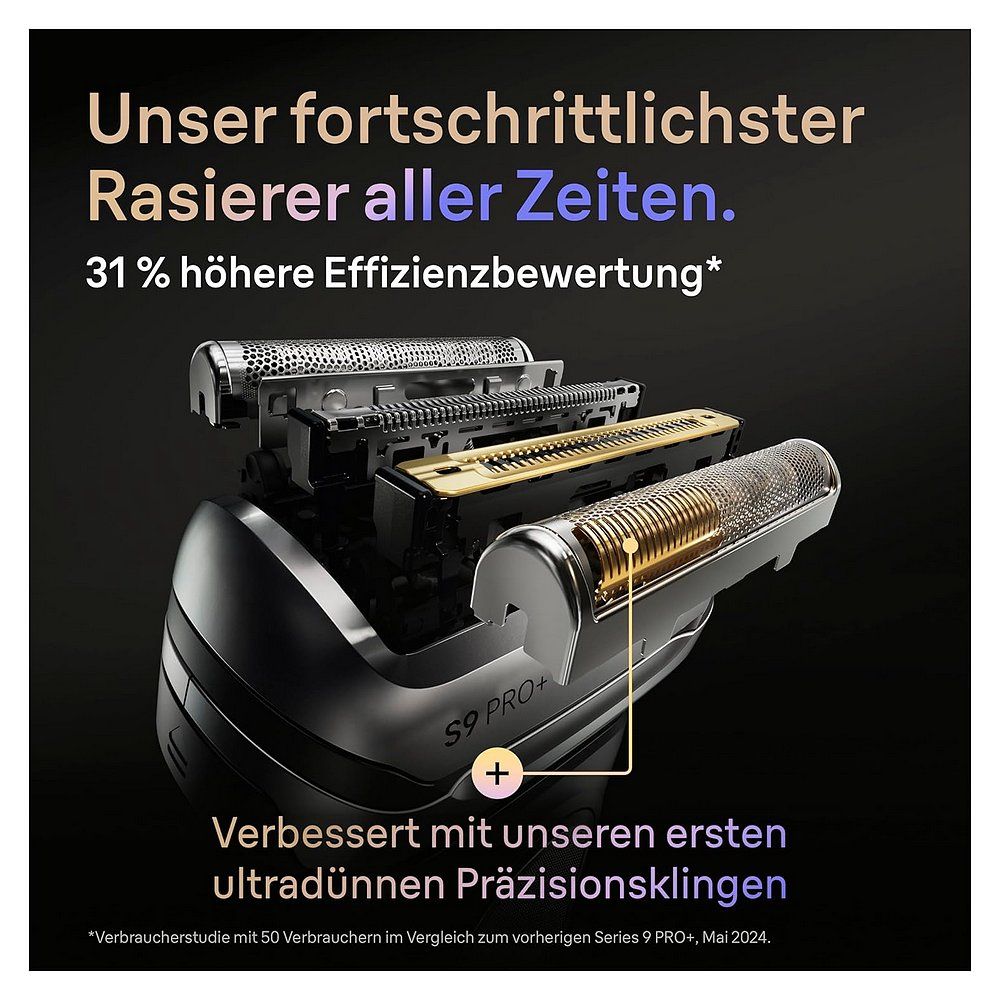 Braun Series 9 Pro+ Rasierer mit freiliegendem Scherkopf und Präzisionsklingen.