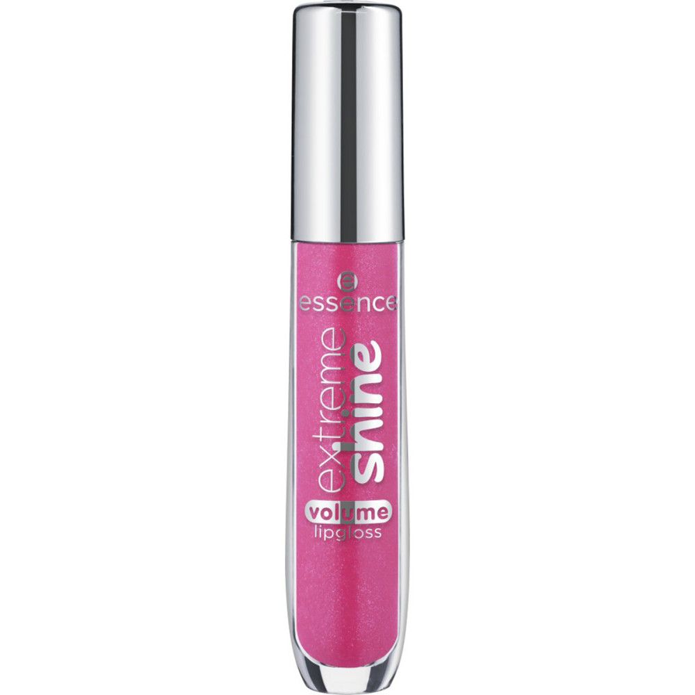 Lippen-Gloss mit silberfarbenem Deckel. Rosa Flüssigkeit sichtbar. Schriftzug "extreme shine volume lip gloss".