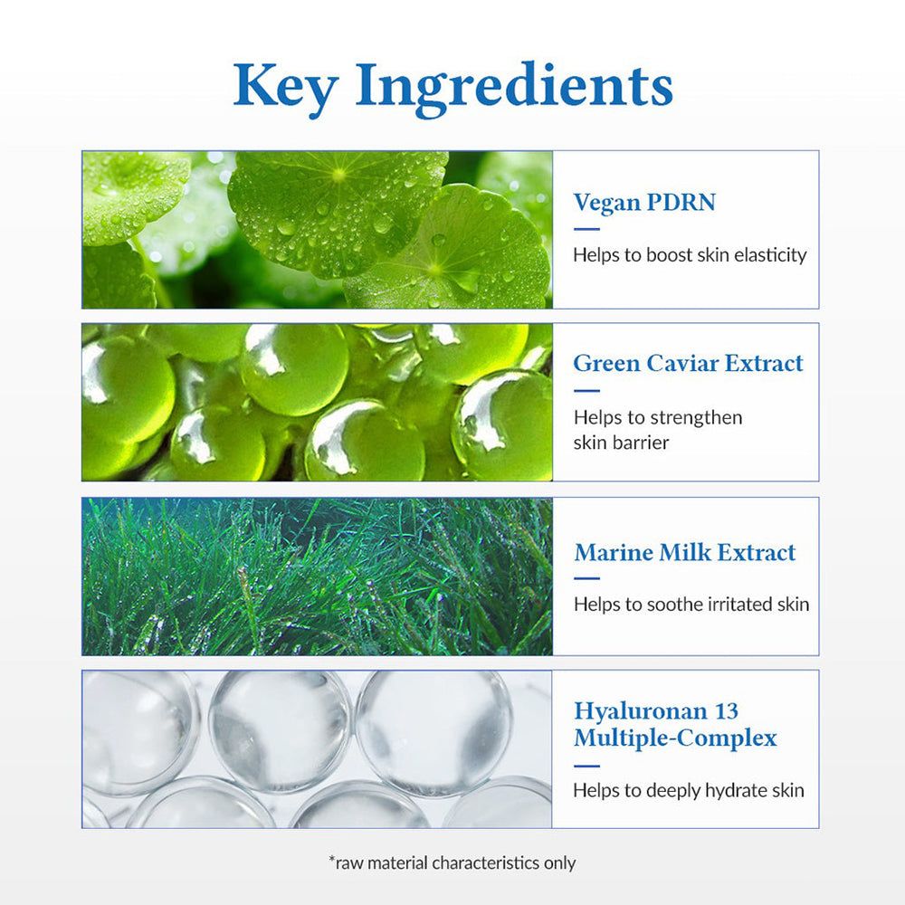 Key Ingredients. Vegan PDRN, Green Caviar Extract, Marine Milk Extract, Hyaluronan 13 Multiple-Complex. Text. Rohmaterialeigenschaften.