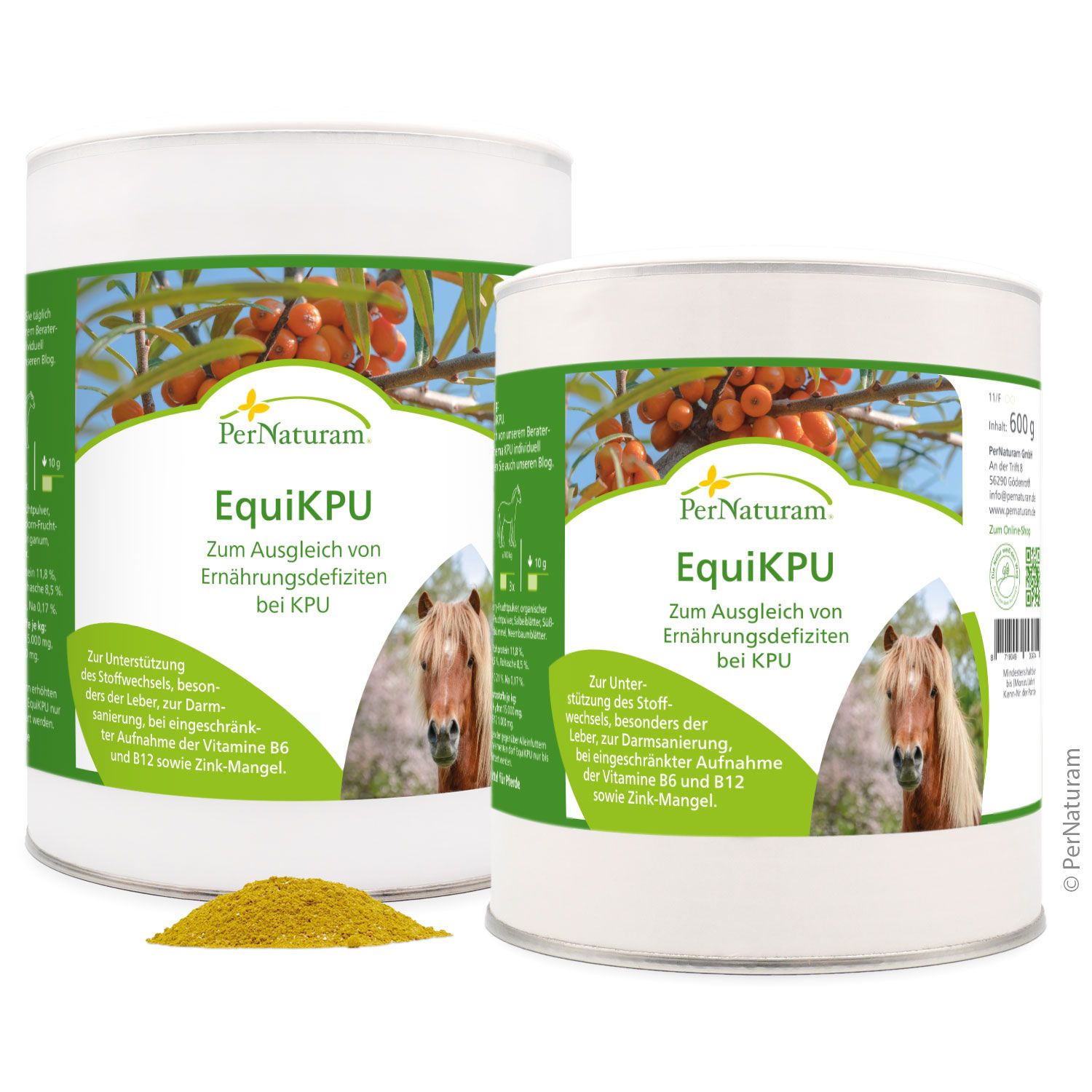 Zwei Dosen EquiKPU mit Produktinformationen und einem Haufen gelben Pulvers. Aufschrift: PerNaturam.