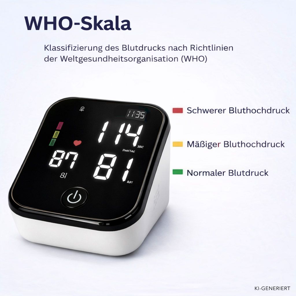 Blutdruckmessgerät mit LED-Display, zeigt WHO-Skala für Blutdruckklassifizierung: Schwer, Mäßig, Normal.