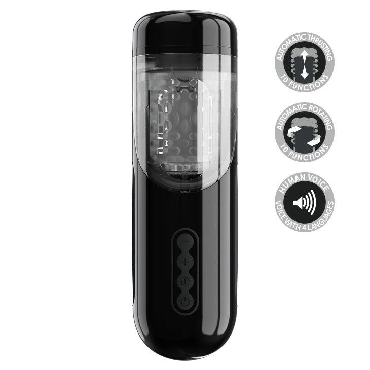 Schwarzes, zylindrisches Gerät mit Bedienknöpfen und transparentem Einsatz. Aufkleber mit Funktionen.