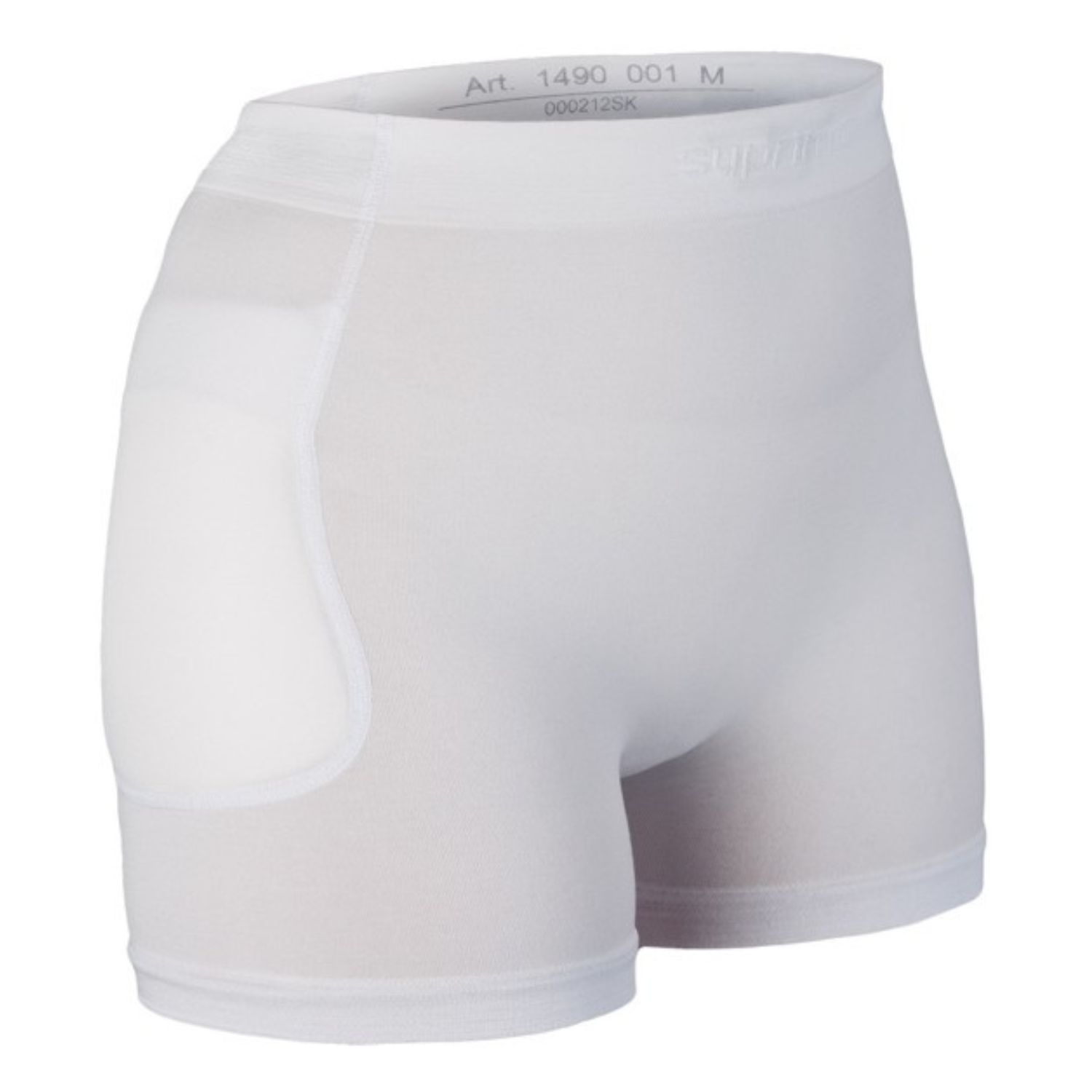 Weiße Schutzhose mit Hüftprotektor. Produktbezeichnung und Größe.