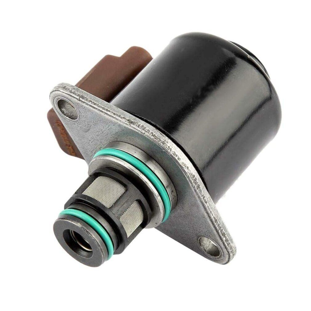 Ein schwarzes mechanisches Bauteil mit braunem Stecker, grünem Ring und metallischen Elementen. Auf weißem Hintergrund.