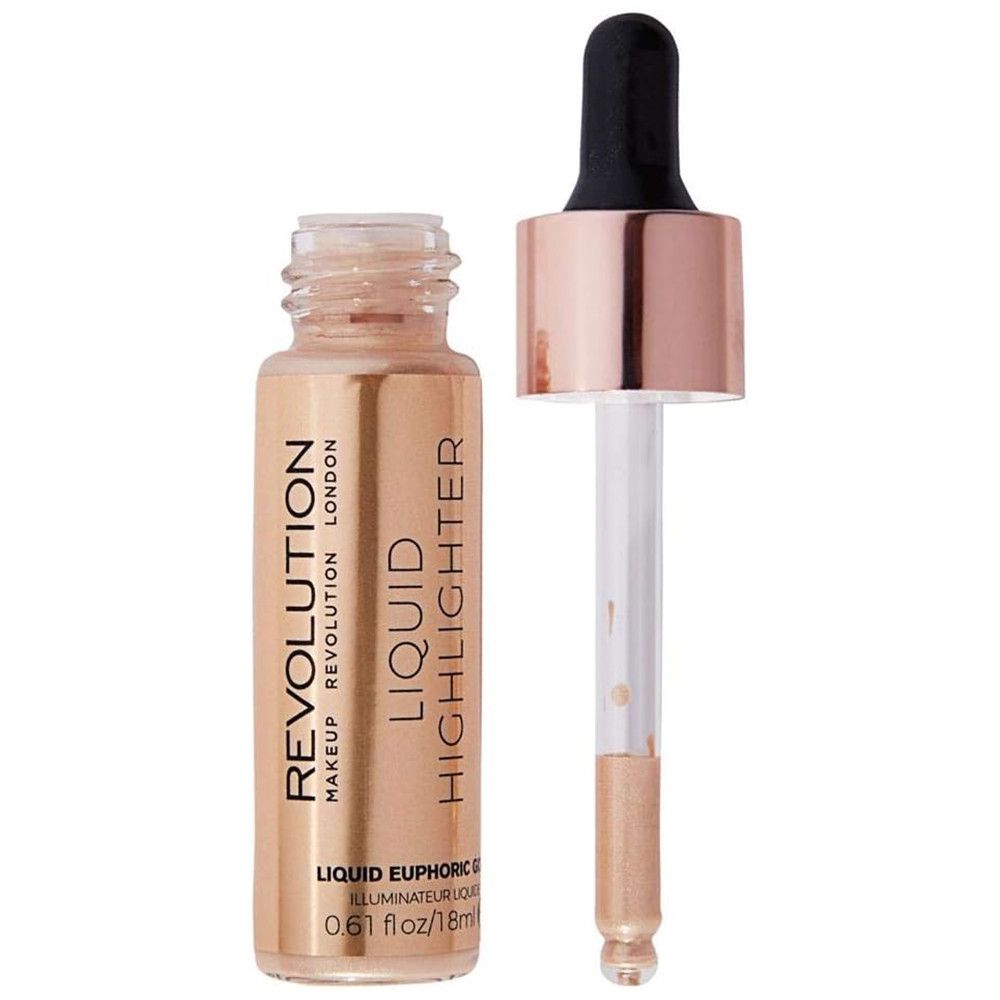 Flüssiger Highlighter in Glasflasche mit Pipette. Roségoldfarbener Deckel und Pipette. Produktetikett mit Text.