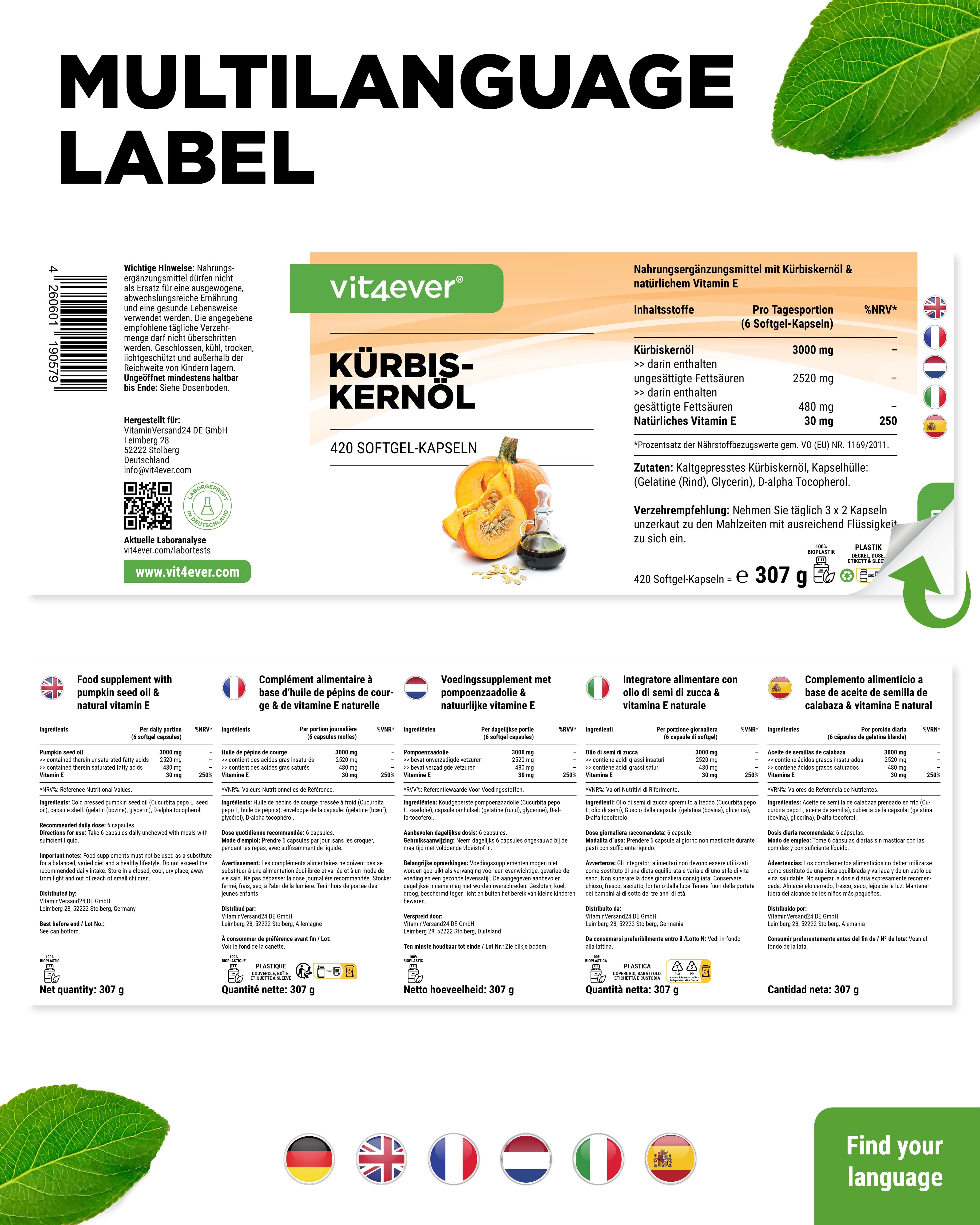 Etikett mit Informationen zu Kürbiskernöl-Kapseln in verschiedenen Sprachen. Produktabbildung.