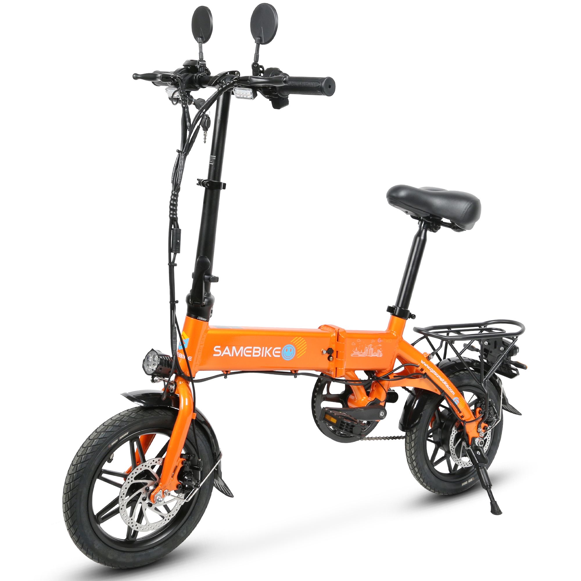 Orangefarbenes, zusammenklappbares E-Bike mit schwarzen Elementen. Marke SAMEBIKE.