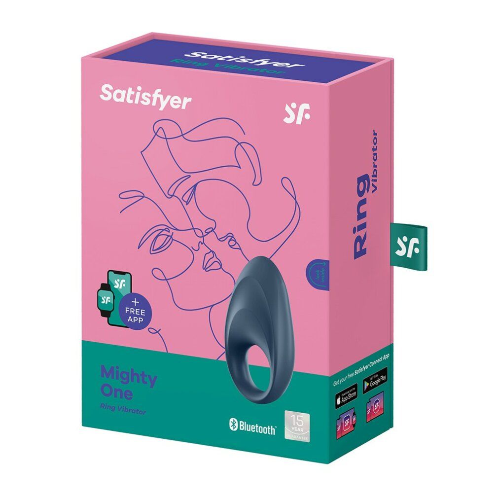 Rosa Verpackung mit Produktabbildung. Aufschrift: Satisfyer, Mighty One Ring. Bluetooth-Logo. App-Hinweis.