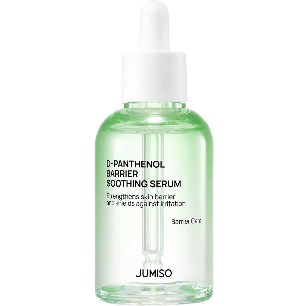 Serumflasche mit Pipette. Text: D-Panthenol Barrier Soothing Serum. Stärkt die Hautbarriere und schützt vor Irritationen. Marke: JUMISO.