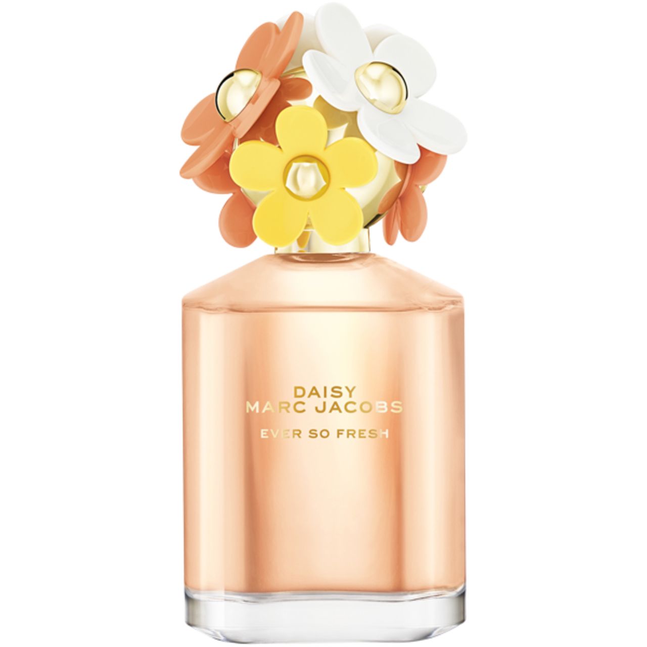 Parfümflasche mit gelben, weißen und orangefarbenen Blüten auf dem Deckel. Aufschrift: Daisy Marc Jacobs Ever so Fresh.