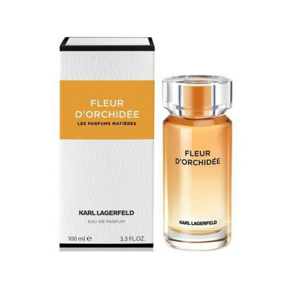 Fleur d'Orchidée Eau de Parfum Spray, Flakon und Verpackung. Aufschrift: Karl Lagerfeld, Fleur d'Orchidée, Eau de Parfum, 100 ml.