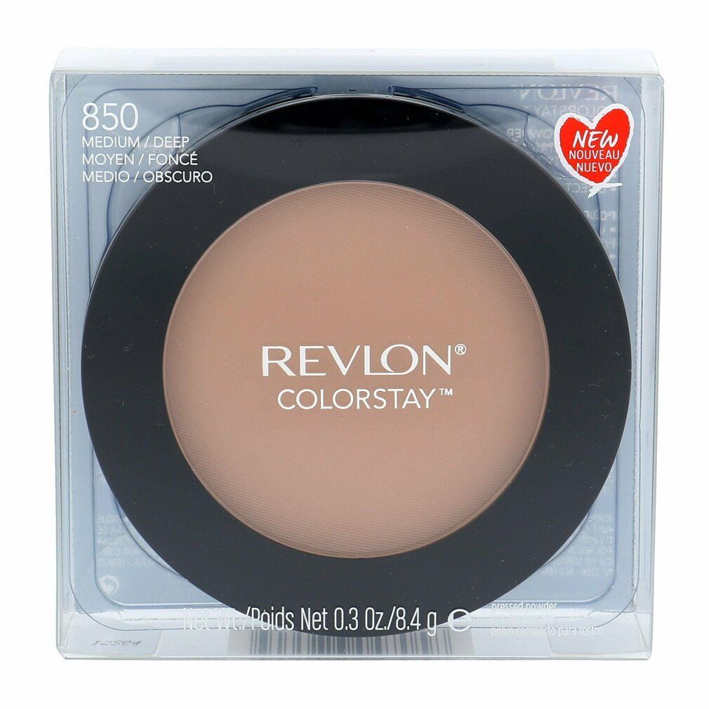 Runder, gepresster Puder von Revlon Colorstay in transparenter Verpackung. Farbton 850 Medium Deep. Mit Aufkleber "Neu".