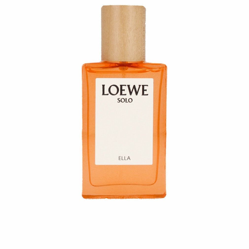 Orangefarbener Flakon mit Holzverschluss. Auf dem Etikett steht LOEWE SOLO ELLA.