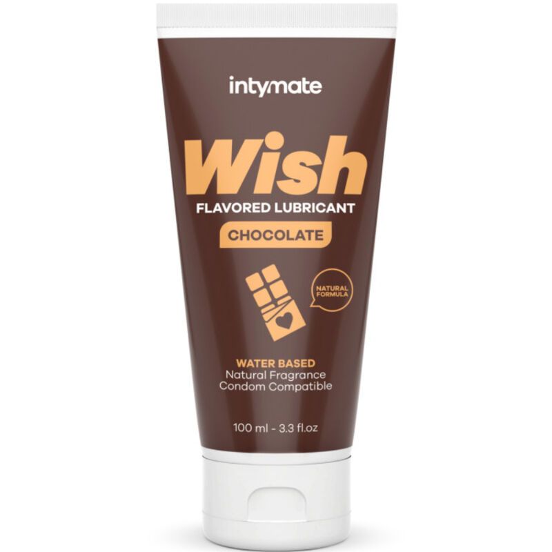 Braune Tube mit "Intymate Wish Chocolate"-Aufdruck. Enthält "FLAVORED LUBRICANT" und "WATER BASED". 100 ml.