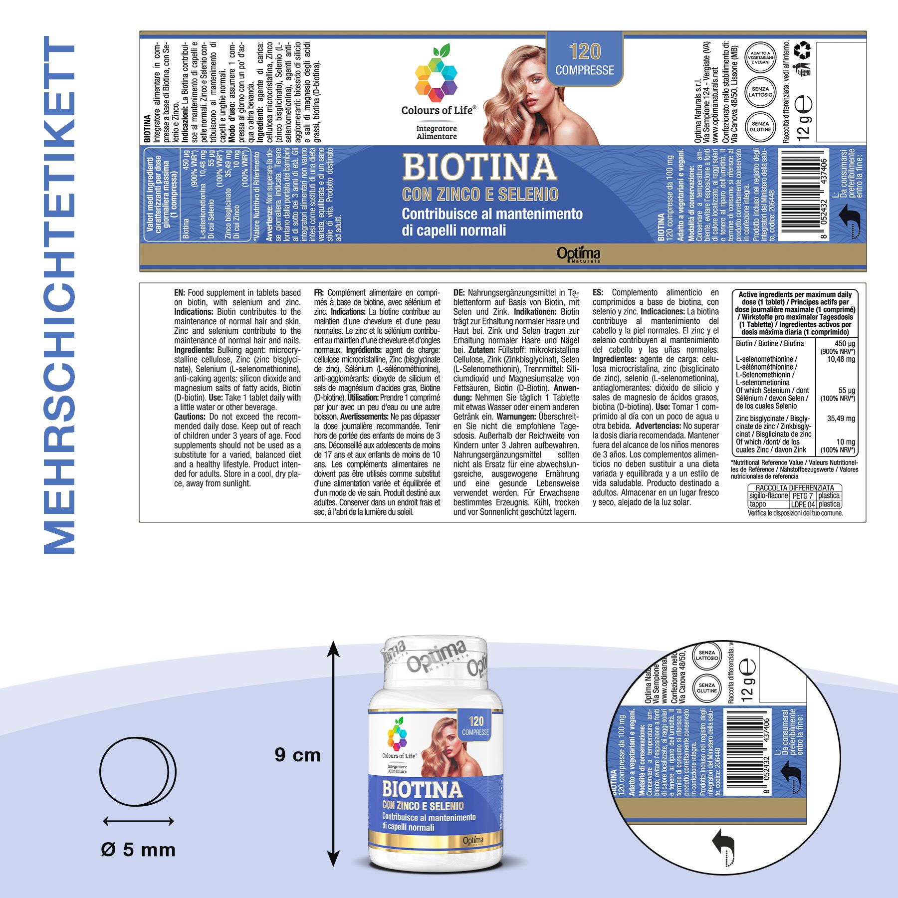 Biotin Complex Flasche (9 cm hoch, 5 mm Tablette), 120 Tabletten, italienisches Produkt.