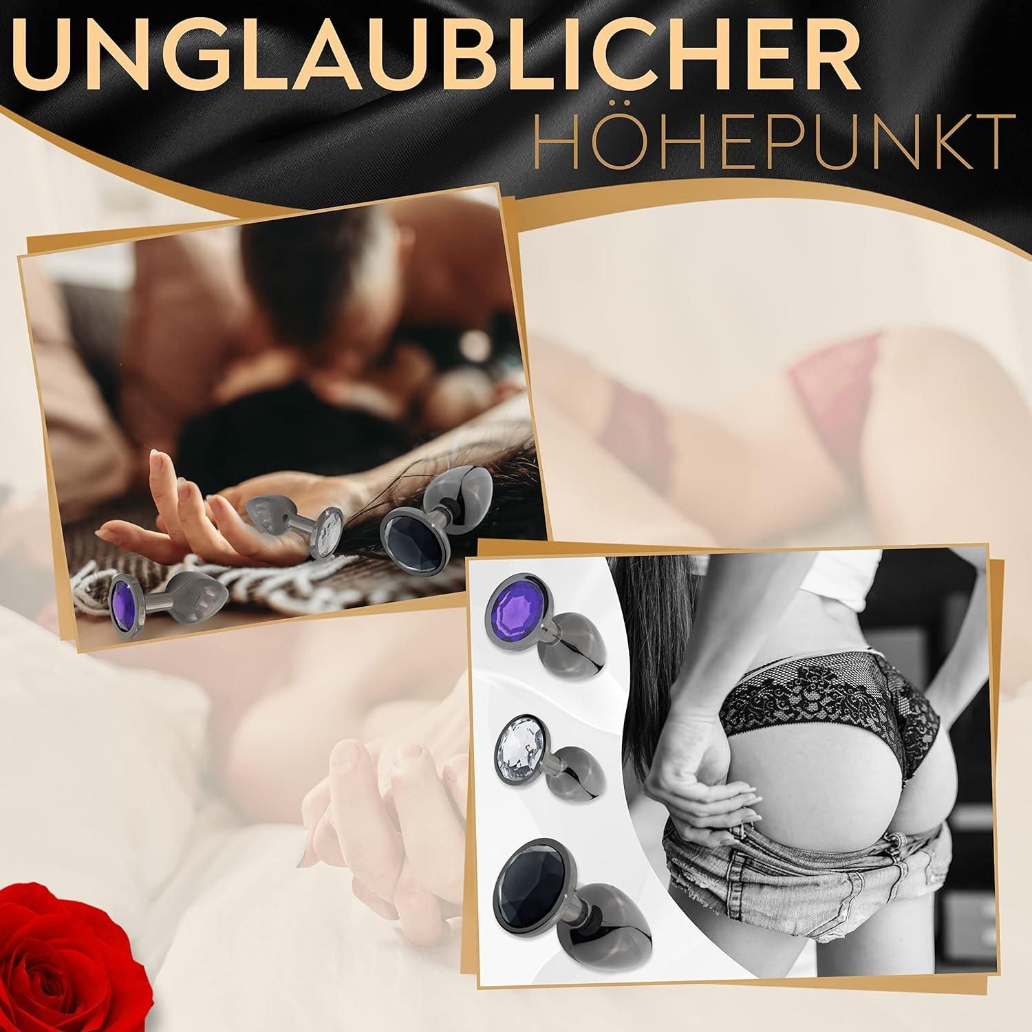 Drei Analplugs mit Edelstein-Optik. Schwarze, violette und transparente Steine. Szenen mit Menschen. Text: Unglaublicher Höhepunkt.