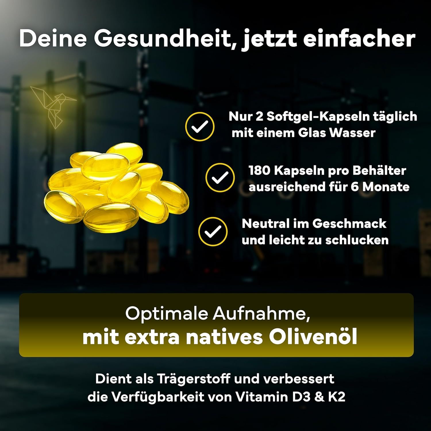 Gelbe Kapseln. Text: 2 Softgel-Kapseln täglich, 180 Kapseln, neutral im Geschmack. Extra natives Olivenöl.