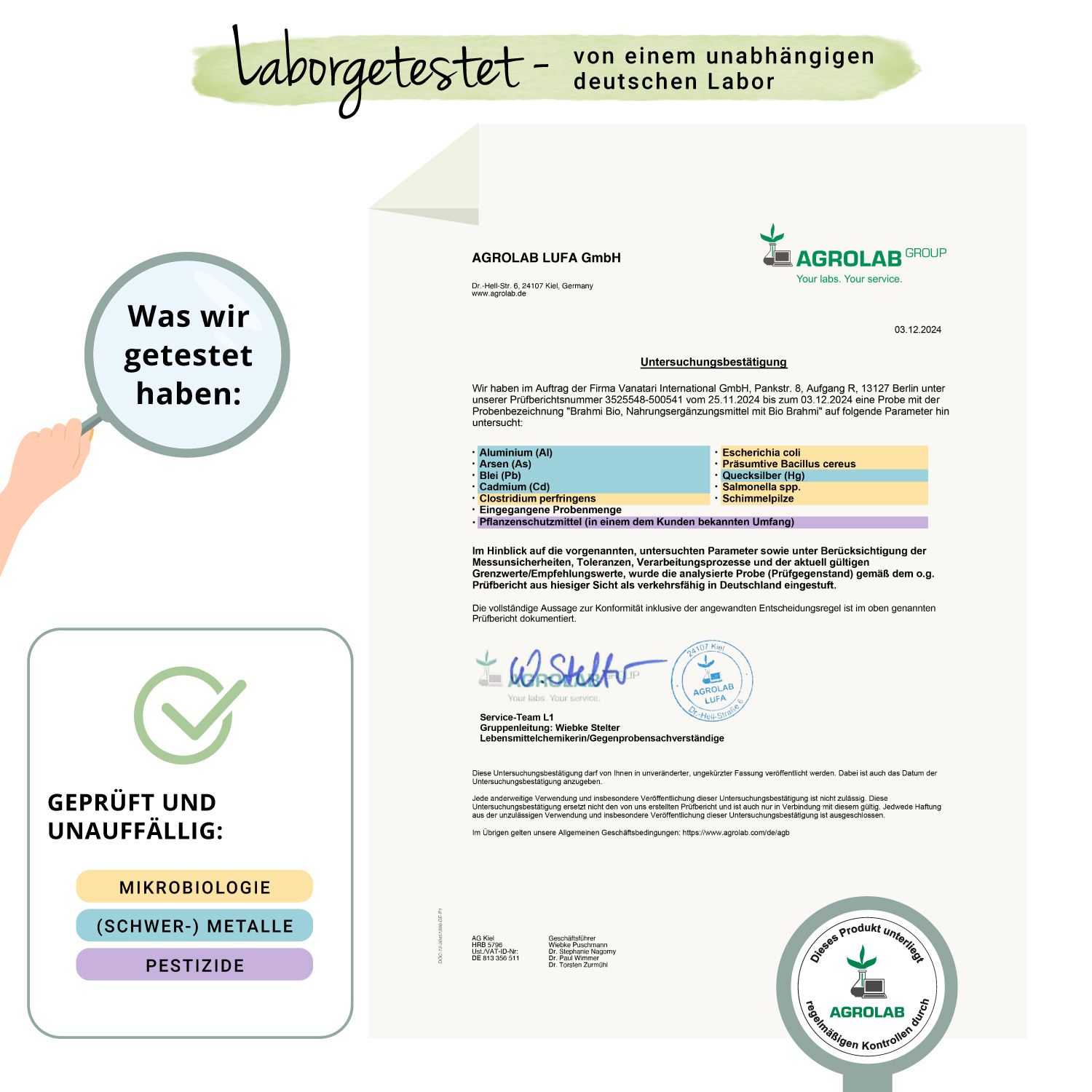 Zertifikat von Agrolab LUFA GmbH. Geprüft und unauffällig: Mikrobiologie, Metalle, Pestizide. Grünes Qualitätssiegel.