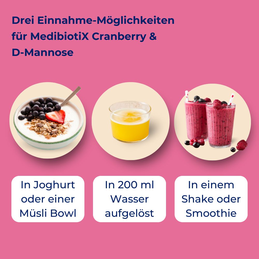 Drei Möglichkeiten zur Einnahme von "MedibiotiX Cranberry & D-Mannose": Joghurt, Wasser, Shake/Smoothie.