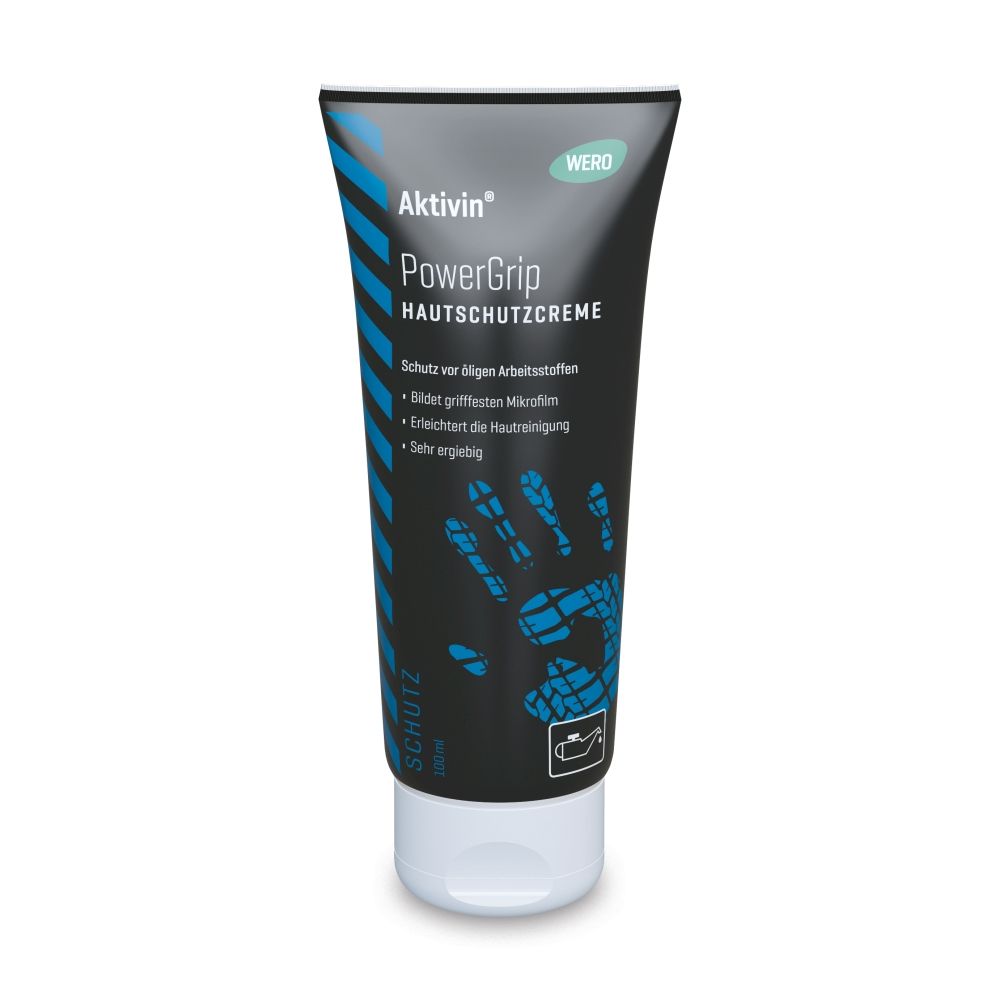 Hautschutzcreme-Tube. Schwarze Tube mit blauem Aufdruck und weißem Verschluss. Text: Aktivin PowerGrip Hautschutzcreme.