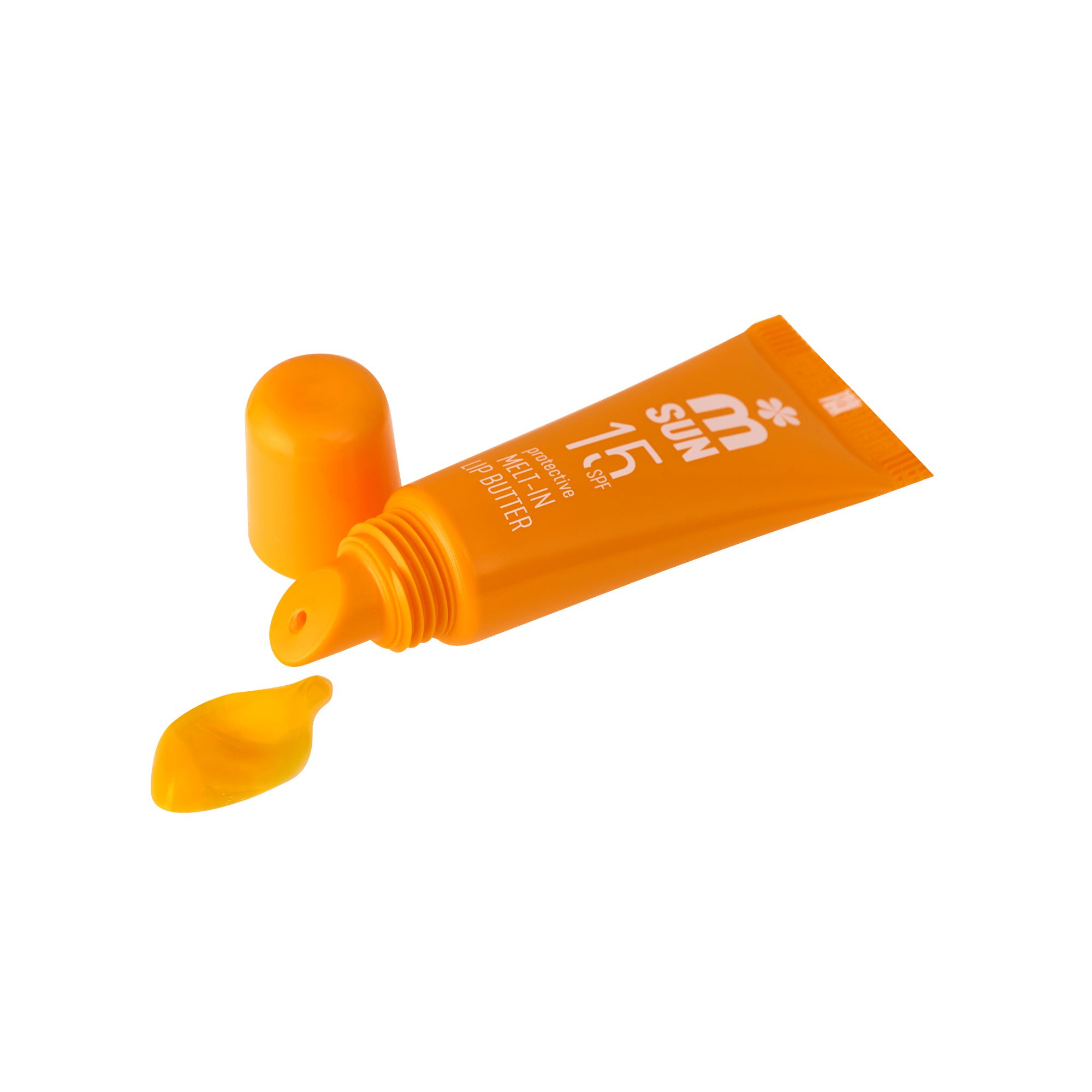 Orange Lippenbutter-Tube, Kappe daneben. Produkt liegt, Produktmasse daneben. Aufschrift: SUN 15 SPF, protective MELT-IN LIP BUTTER.