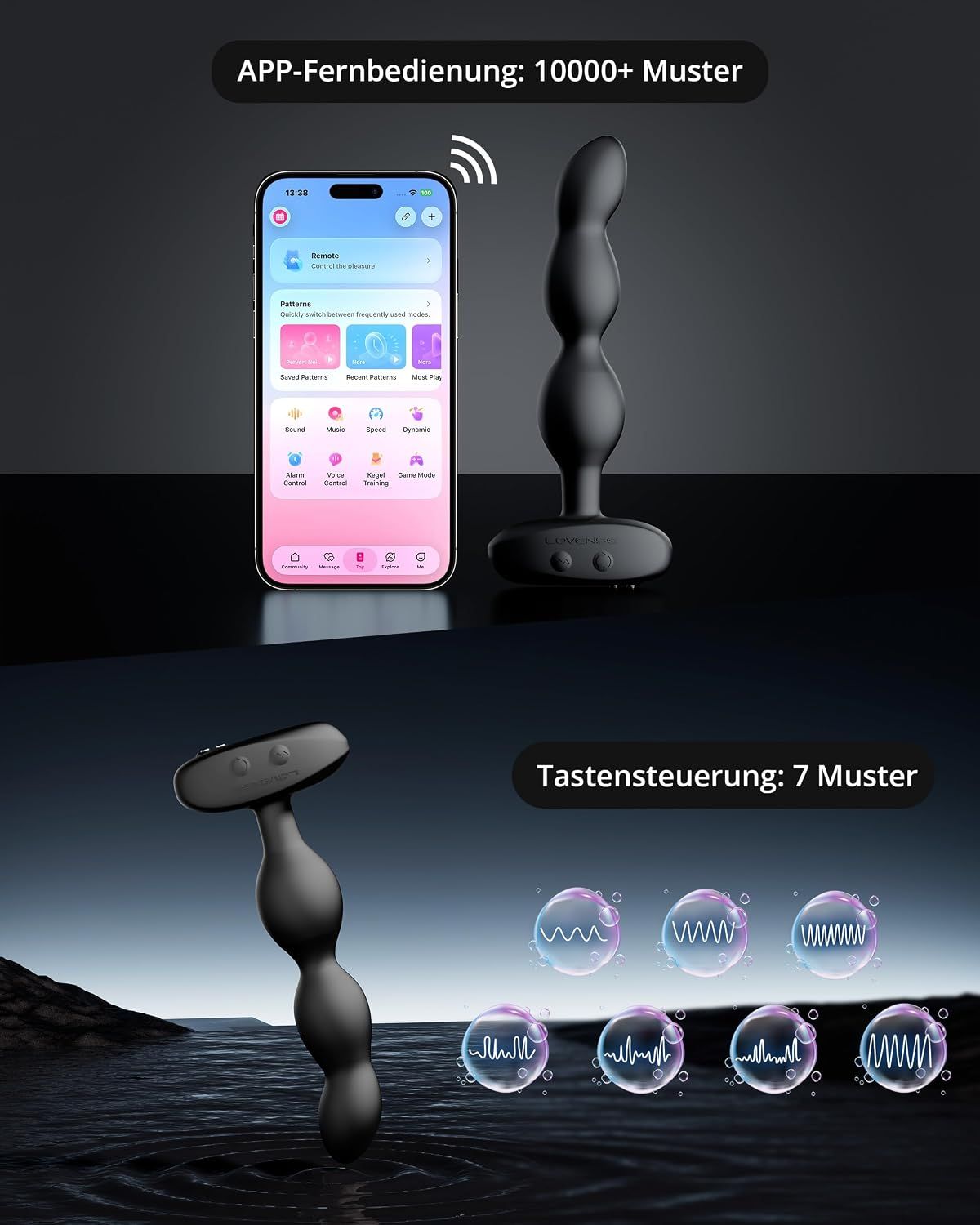 App-Steuerung mit über 10.000 Mustern und Tastensteuerung mit 7 Mustern.