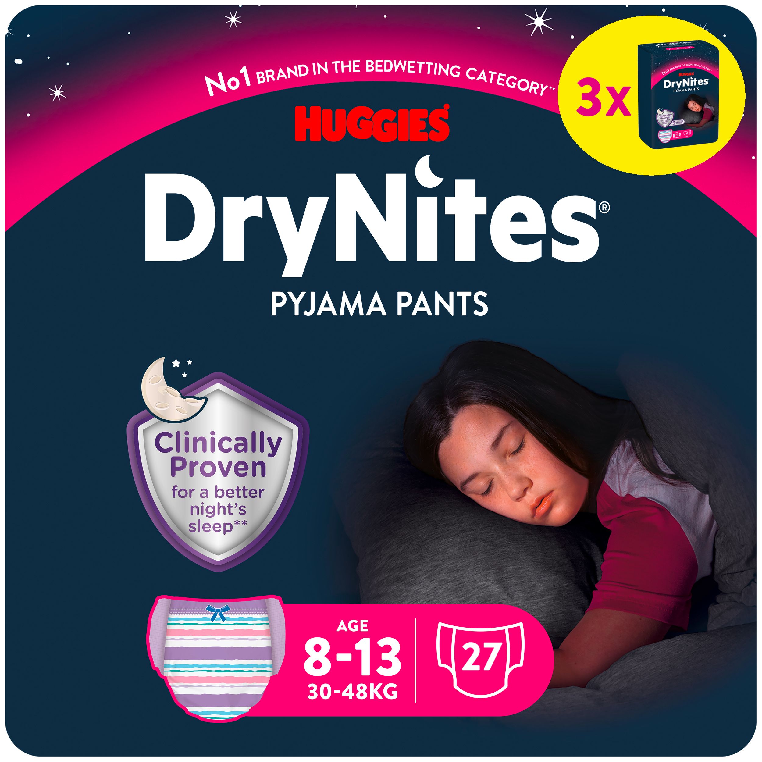 Huggies DryNites Pyjama Pants, Mädchen, 8-13 Jahre. Packung mit 27 Stück. Klinisch erwiesen für besseren Schlaf. Mond- und Sternenmotiv.