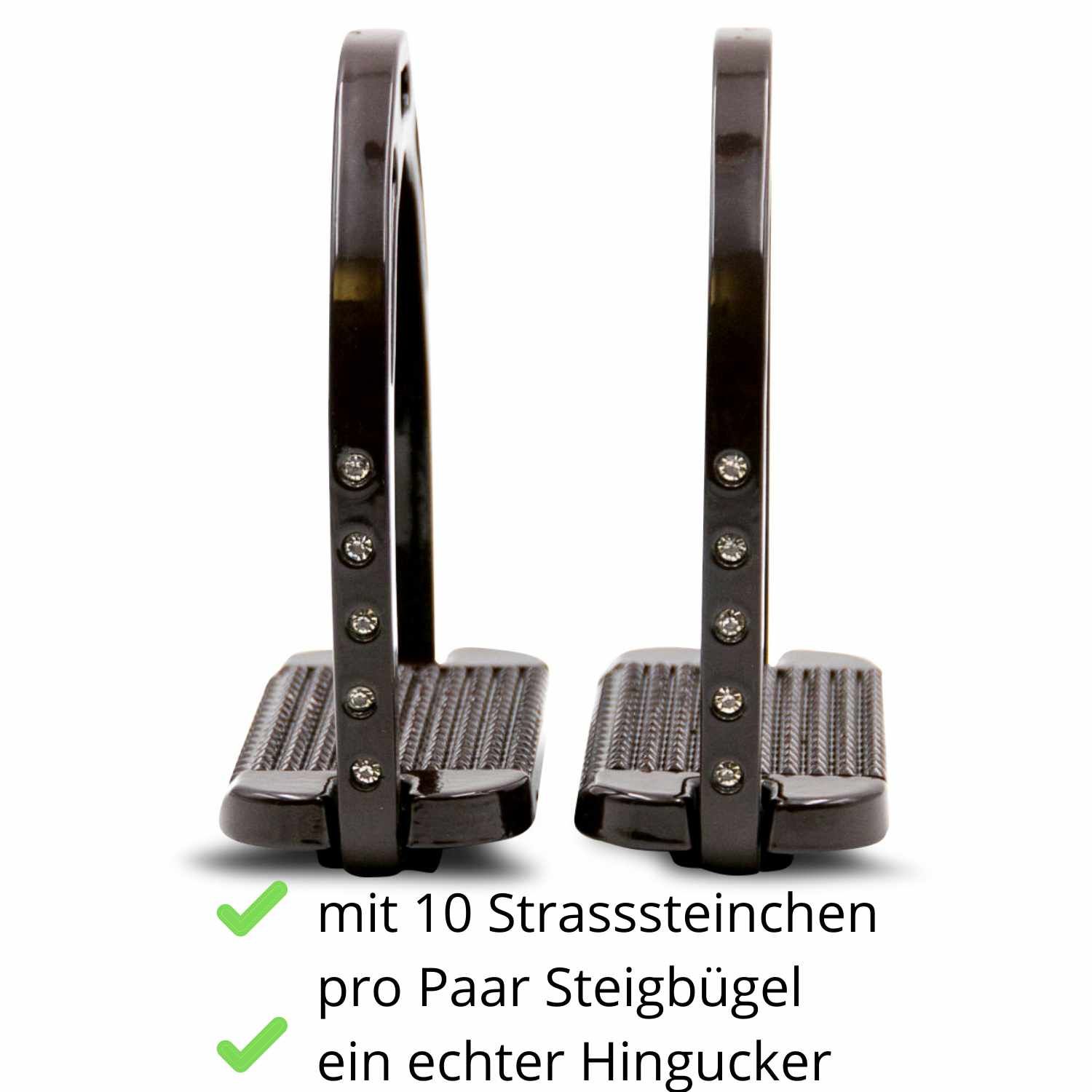 Zwei braune Steigbügel. Text: mit 10 Strasssteinchen pro Paar Steigbügel, ein echter Hingucker.