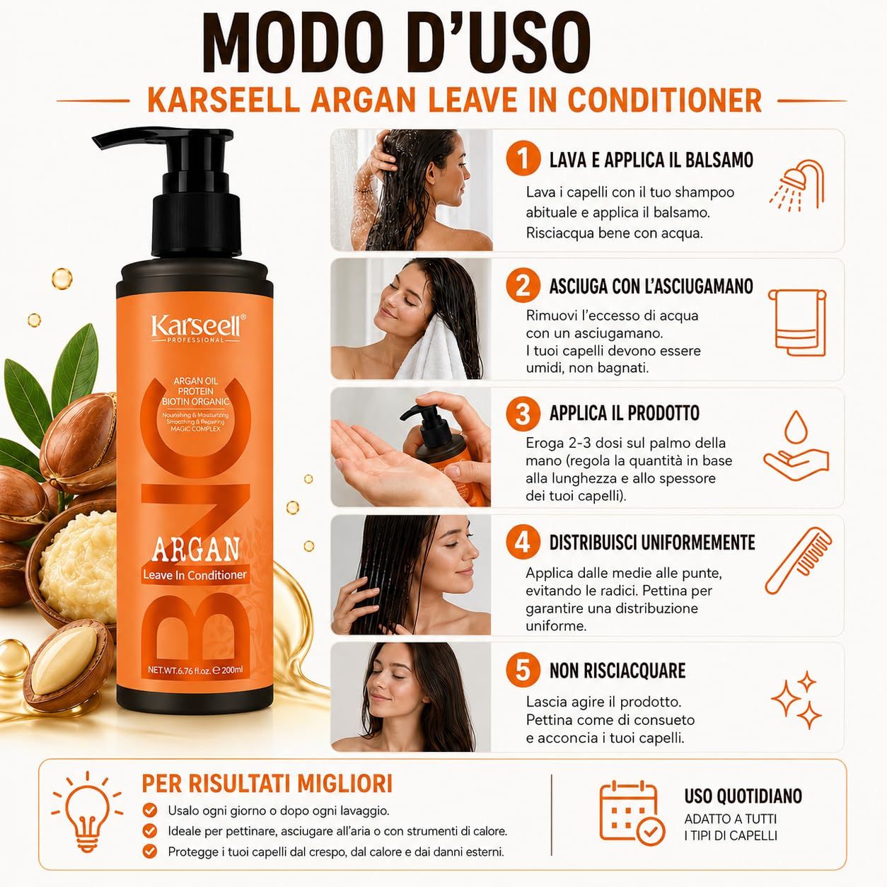 Karseell Argan Leave-In Conditioner Flasche mit Pumpverschluss, 200ml. Daneben Arganfrüchte und Öl.